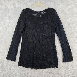 YouAreNotAlone Black Floral Lace Long Sleeve Tunic Top Scalloped Hem Size Small